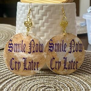 Gold and Purple Statement Earrings SMILE NOW CRY LATER 2.5” round Capiz Shell Ne